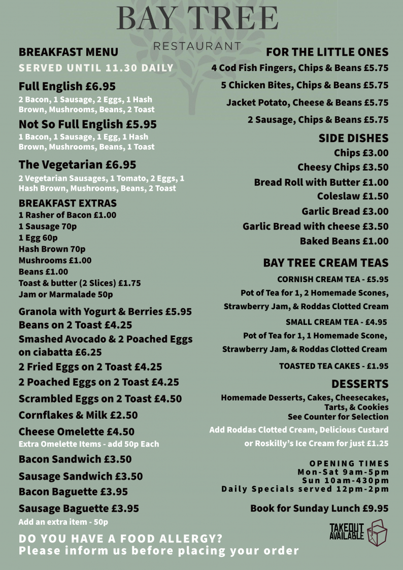 Bay Tree Newquay breakfast menu
